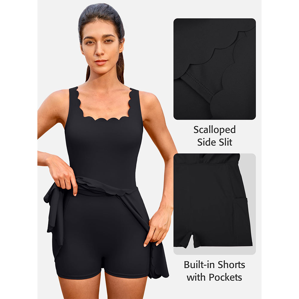 Attraco Women's Scalloped Side Slit Adjustable Strap Tennis Dress with Built-in Shorts Golf Dress Athletic Dress