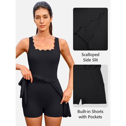 Attraco Women's Scalloped Side Slit Adjustable Strap Tennis Dress with Built-in Shorts Golf Dress Athletic Dress