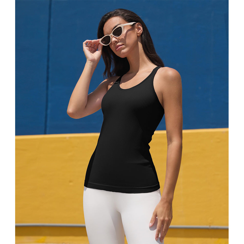 Attraco 2 Pack Ribbed Workout Tank Top with Built in Bra for Women Tight Fit Seamless Yoga Top