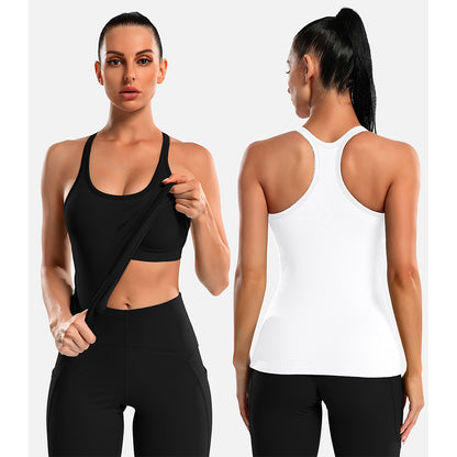 Attraco 2 Pack Ribbed Workout Tank Top with Built in Bra for Women Tight Fit Seamless Yoga Top