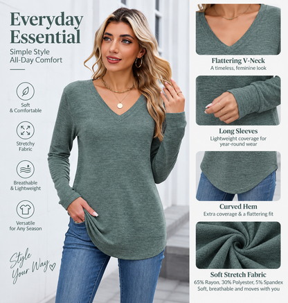 Attraco Women's Long Sleeve V-Neck Soft Stretch Casual Pullover Shirt Curved Hem Tunic Top