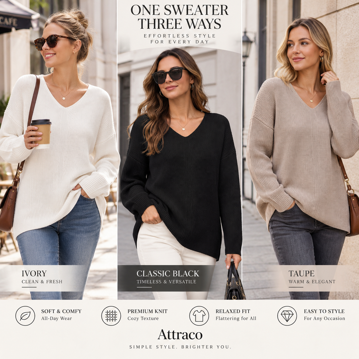 Attraco Women's Oversized V Neck Tunic Sweater Long Sleeve Ribbed Knit Pullover Casual Fall Winter Soft Cozy Top
