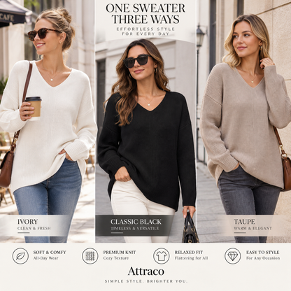 Attraco Women's Oversized V Neck Tunic Sweater Long Sleeve Ribbed Knit Pullover Casual Fall Winter Soft Cozy Top