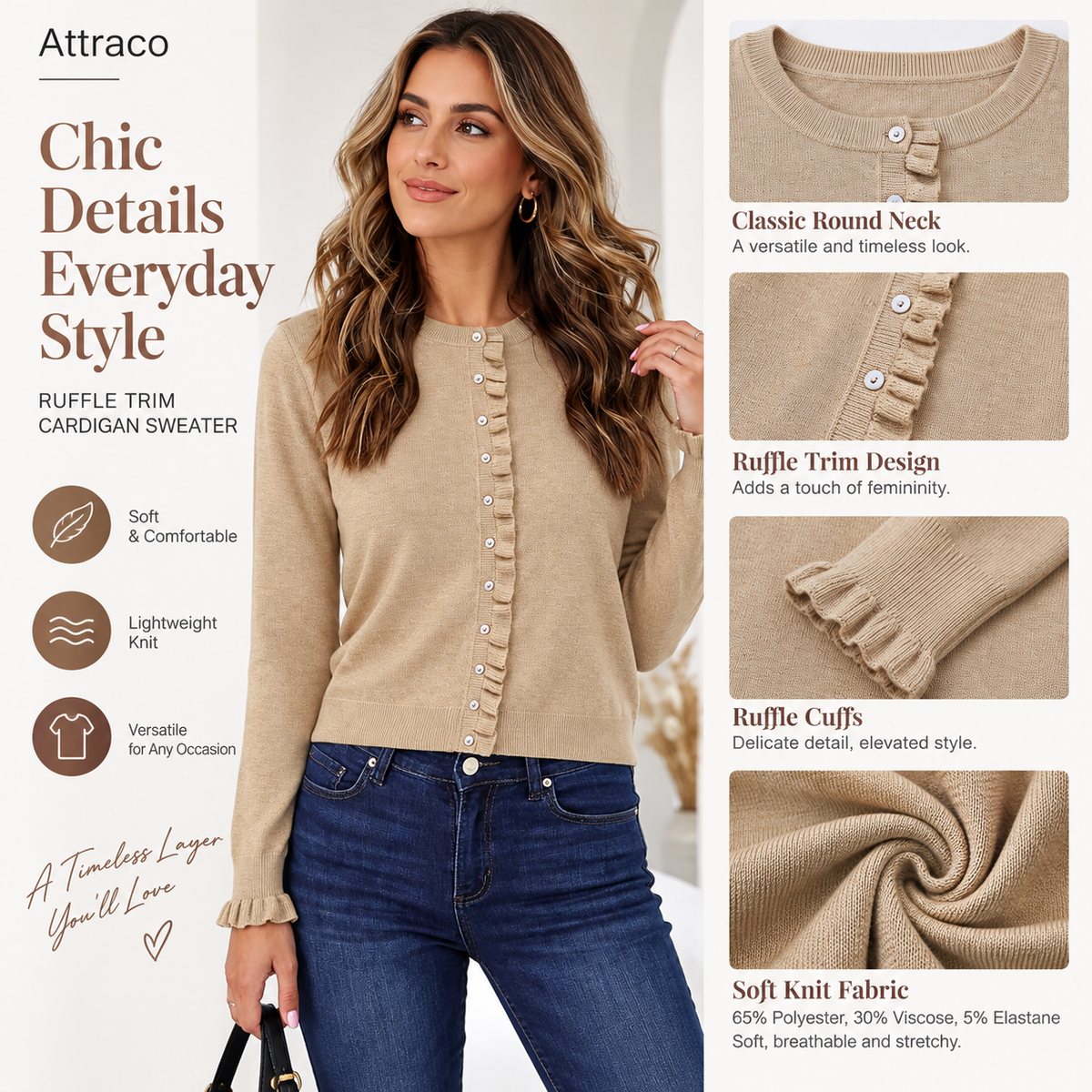 Attraco Women's Long Sleeve Ruffle Trim Cardigan Sweater Button Front Lightweight Knit Top