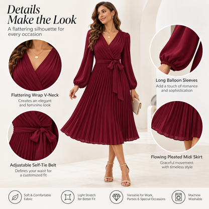 Attraco Women's Wrap V-Neck Pleated Midi Dress Long Balloon Sleeve Belted A-Line Cocktail Wedding Guest Dress