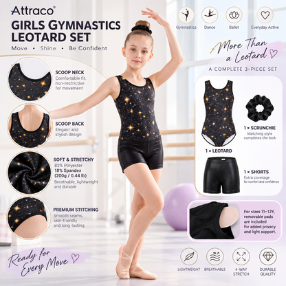 Attraco Girls' Galaxy Print Gymnastics Leotard Set with Shorts & Scrunchie, Sleeveless Dance Ballet Outfit 3 Pieces Set 5-12Years