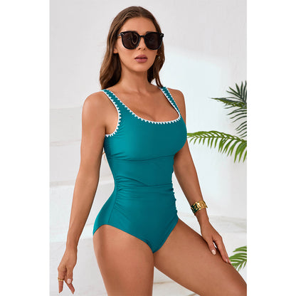 Charmo Women's Scalloped Trim Square-Neck One-Piece Swimsuit Cutout Back & Form-Fit Silhouette Bathing Suit
