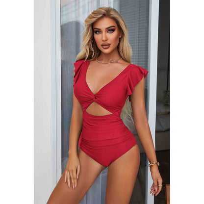 Charmo Women's Ruffled Sleeve Twist Front Cutout One Piece Swimsuit Tummy Control Bathing Suit
