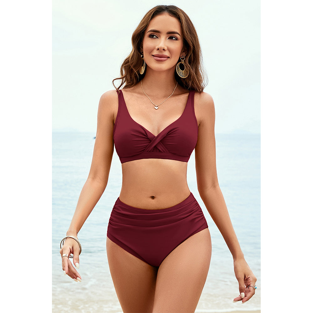Charmo Women's Twist Front V Neck High Waisted Ruched Bikini Set with Adjustable Straps & Secure Back Closure