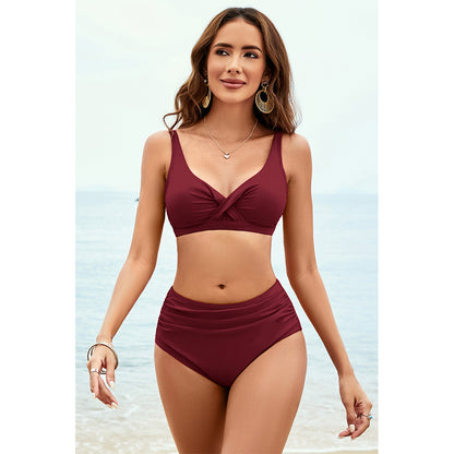 Charmo Women's Twist Front V Neck High Waisted Ruched Bikini Set with Adjustable Straps & Secure Back Closure