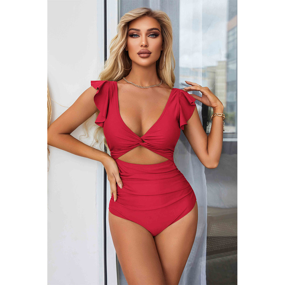Charmo Women's Ruffled Sleeve Twist Front Cutout One Piece Swimsuit Tummy Control Bathing Suit