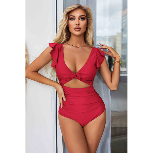 Charmo Women's Ruffled Sleeve Twist Front Cutout One Piece Swimsuit Tummy Control Bathing Suit