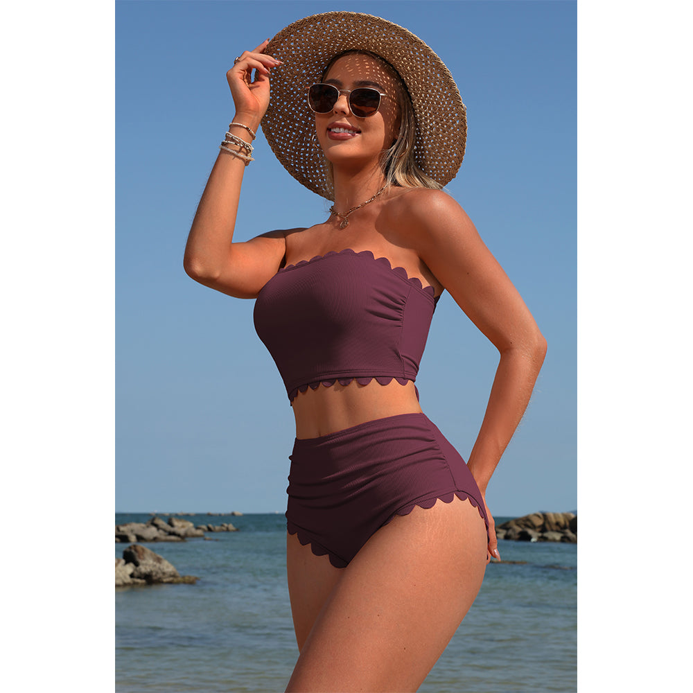 Charmo Women's Scalloped Ribbed Bandeau High Waisted Bikini Set with Removable Straps