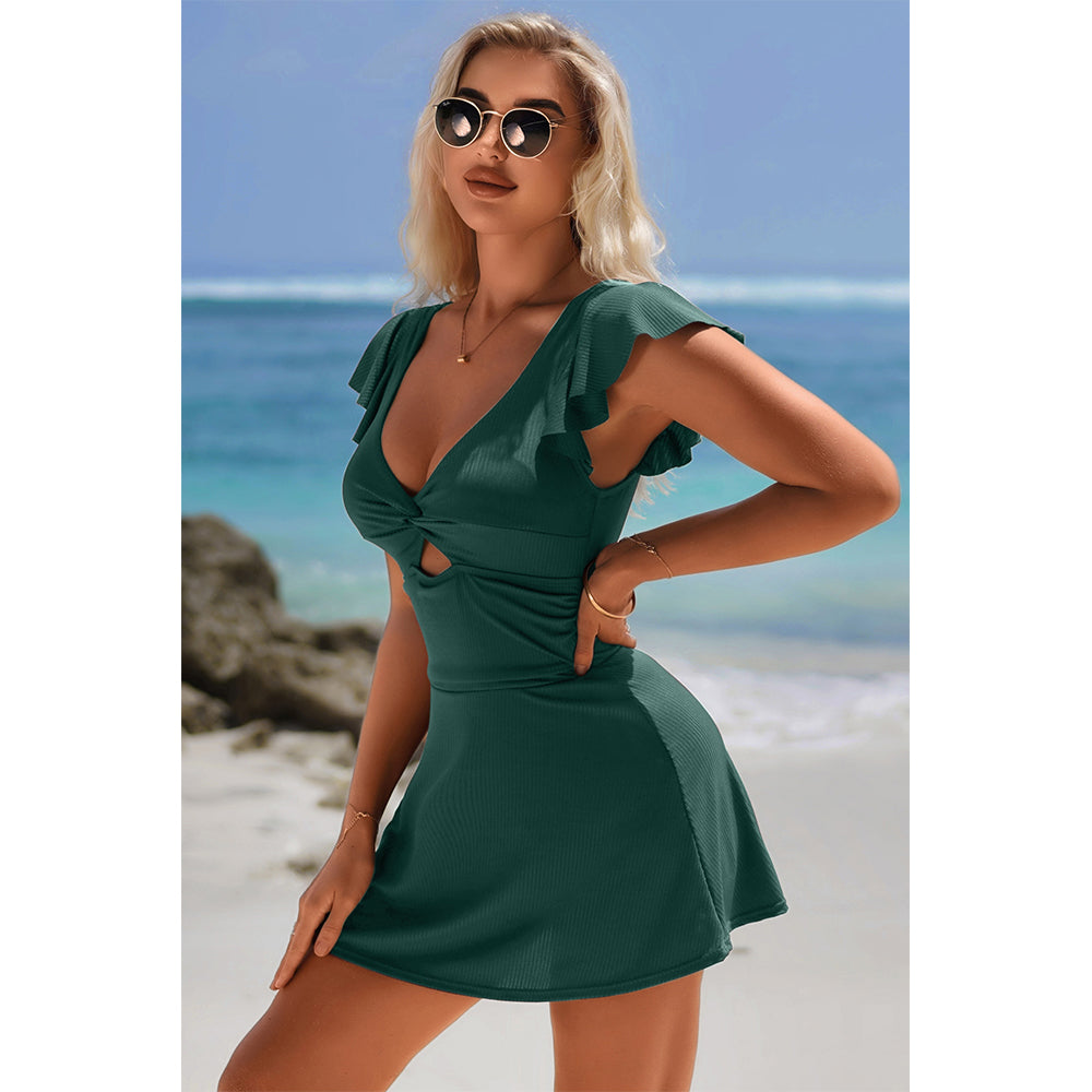 Charmo Women's Twist Front Ruffled Sleeve Cutout Backless Flared Swim Dress with Built-In Bottoms