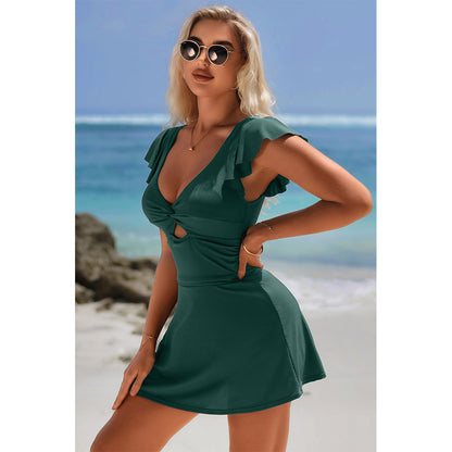 Charmo Women's Twist Front Ruffled Sleeve Cutout Backless Flared Swim Dress with Built-In Bottoms