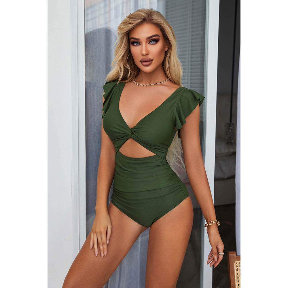 Charmo Women's Ruffle Sleeve Twist Front Cutout Ruched Open Back One Piece Swimsuit