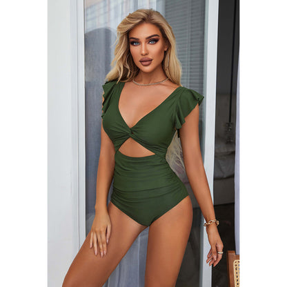 Charmo Women's Ruffle Sleeve Twist Front Cutout Ruched Open Back One Piece Swimsuit