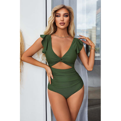 Charmo Women's Ruffle Sleeve Twist Front Cutout Ruched Open Back One Piece Swimsuit
