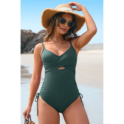 Charmo Women's  Ribbed Wrap-Front Cutout One-Piece Swimsuit Side-Tie & Adjustable Back Straps Bathing Suit