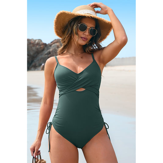 Charmo Women's  Ribbed Wrap-Front Cutout One-Piece Swimsuit Side-Tie & Adjustable Back Straps Bathing Suit