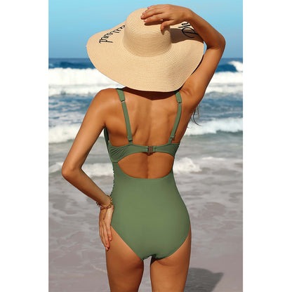 Charmo Women's Twist Front Cutout Cutout Design Ruched One-Piece Swimsuit with Adjustable Straps & Open Back Bathing Suit