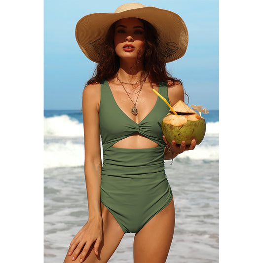 Charmo Women's Twist Front Cutout Cutout Design Ruched One-Piece Swimsuit with Adjustable Straps & Open Back Bathing Suit