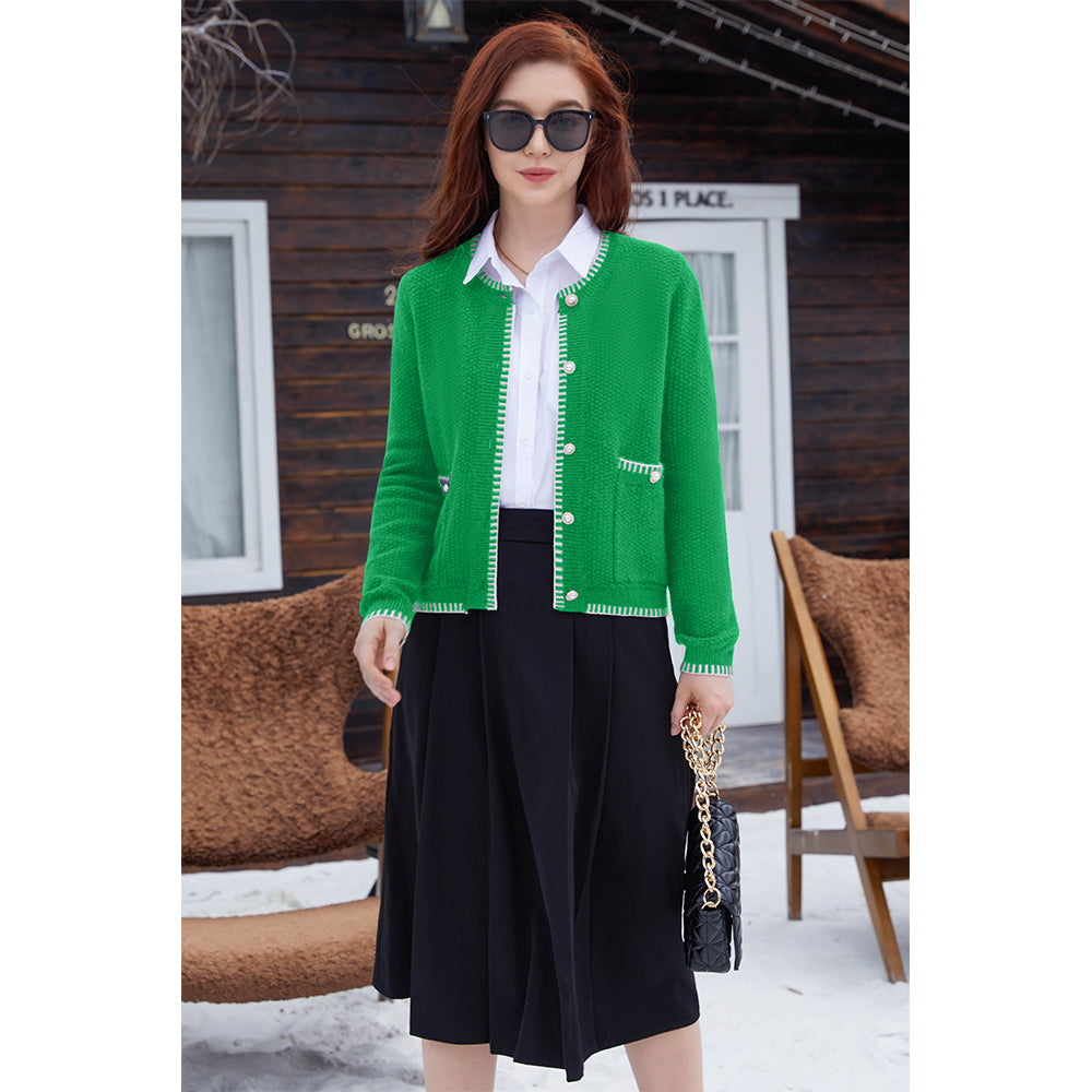 V For City Women's Tweed Jacket Cardigan Blazers Round Neck Long Sleeve Button Down Sweater Coat with Pockets