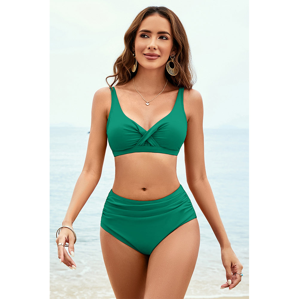 Charmo Women's Twist Front V Neck High Waisted Ruched Bikini Set with Adjustable Straps & Secure Back Closure