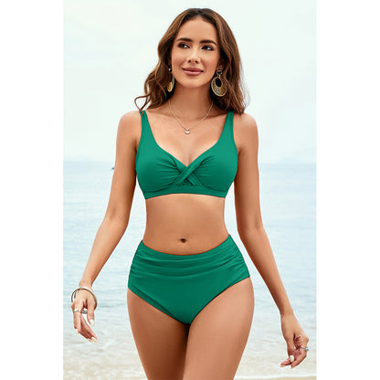 Charmo Women's Twist Front V Neck High Waisted Ruched Bikini Set with Adjustable Straps & Secure Back Closure