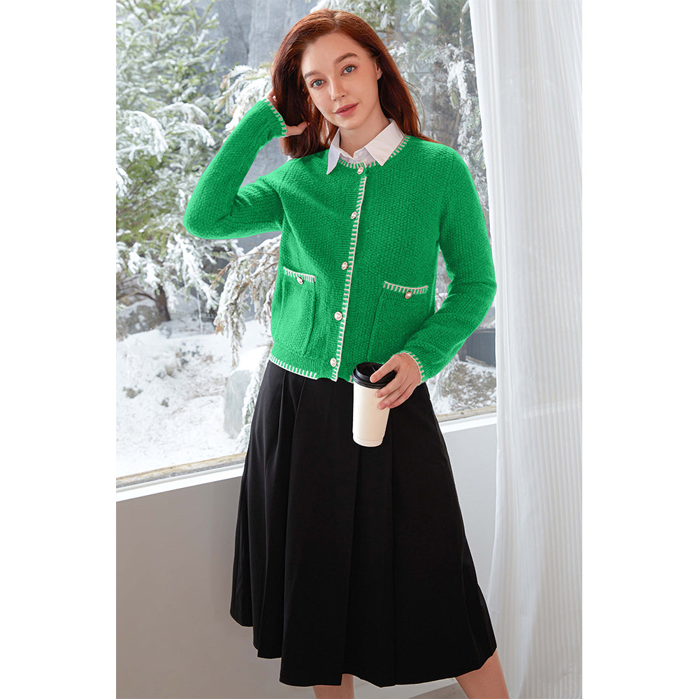 V For City Women's Tweed Jacket Cardigan Blazers Round Neck Long Sleeve Button Down Sweater Coat with Pockets