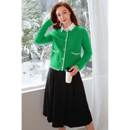 V For City Women's Tweed Jacket Cardigan Blazers Round Neck Long Sleeve Button Down Sweater Coat with Pockets