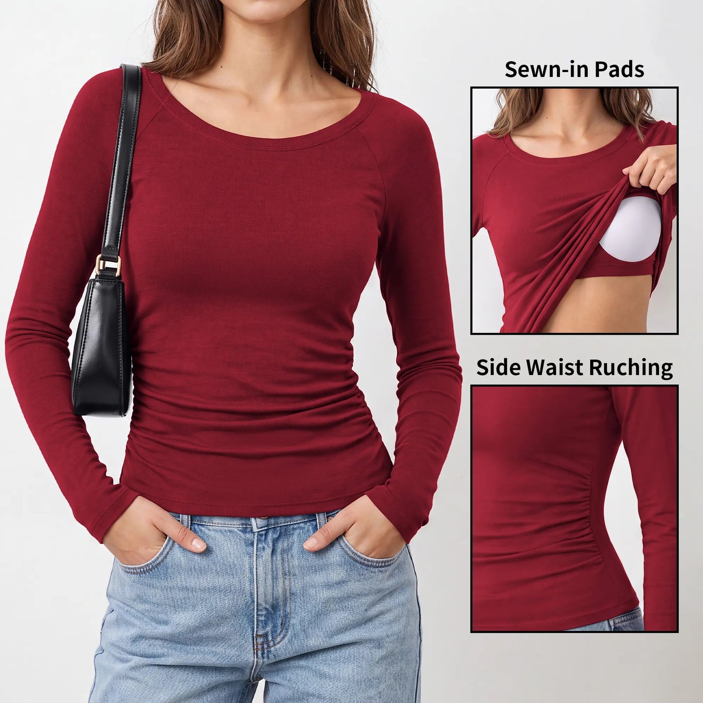 Attraco Women's Long Sleeve Scoop Neck Top with Built-in Bra Pads and Side Ruched Detail