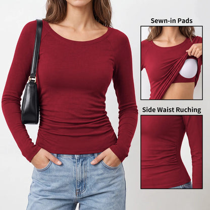 Attraco Women's Long Sleeve Scoop Neck Top with Built-in Bra Pads and Side Ruched Detail