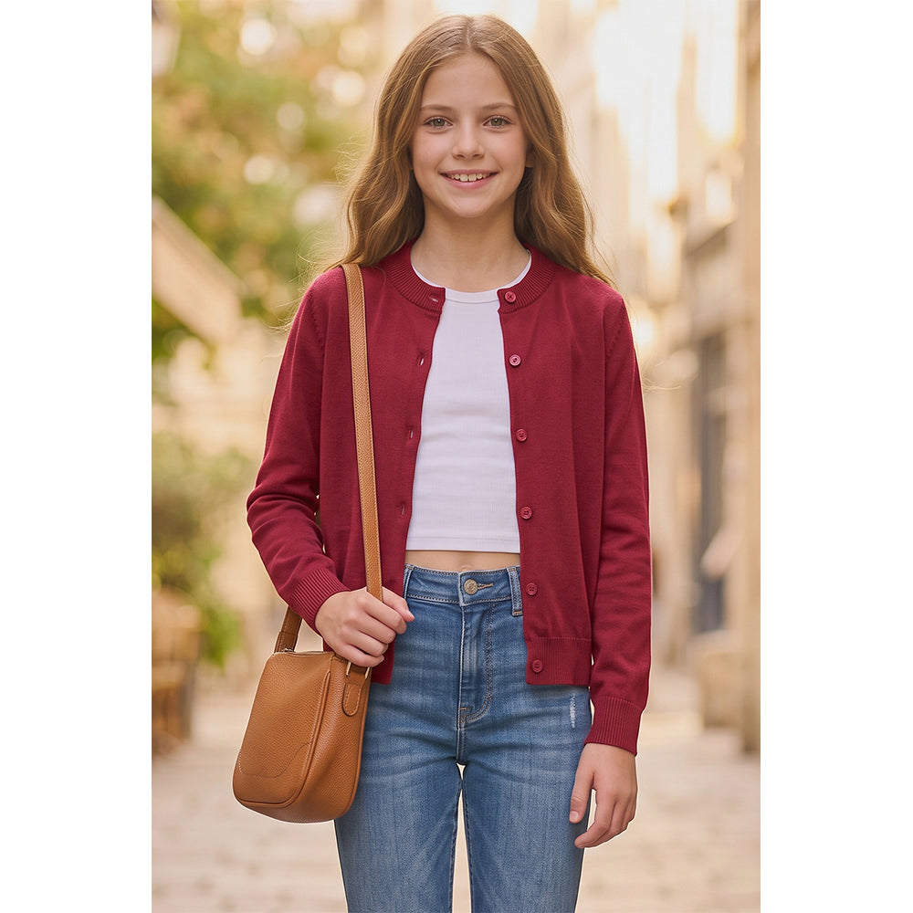 Attraco Kids Girls 100% Cotton Button-Up Knit Cardigan Sweater, Long Sleeve Crewneck School Uniform for Boys & Girls 5-12Years