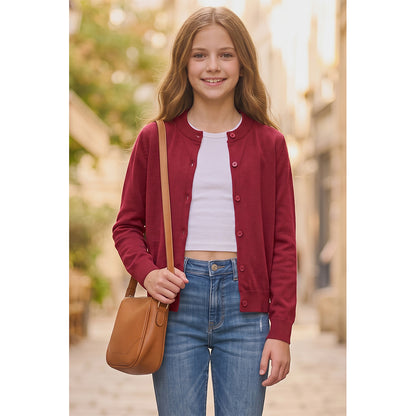 Attraco Kids Girls 100% Cotton Button-Up Knit Cardigan Sweater, Long Sleeve Crewneck School Uniform for Boys & Girls 5-12Years
