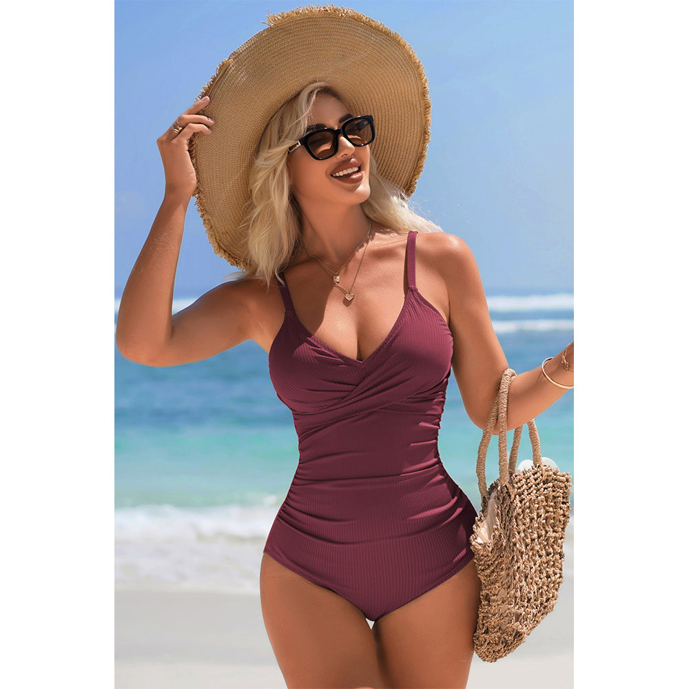 Charmo Women's Cross-Front Ruched One-Piece Swimsuit Back Cutout & Adjustable Clasp Tummy Control Bathing Suit