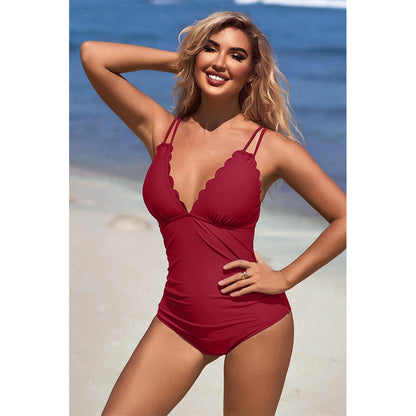Charmo Women's Scalloped V-Neck Double-Strap One-Piece Swimsuit
