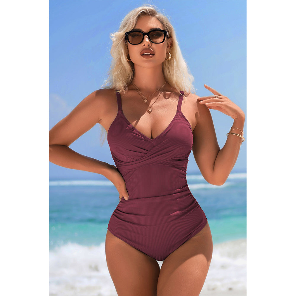 Charmo Women's Cross-Front Ruched One-Piece Swimsuit Back Cutout & Adjustable Clasp Tummy Control Bathing Suit