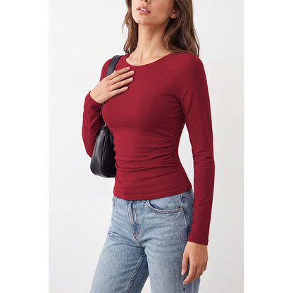 Attraco Women's Long Sleeve Scoop Neck Top with Built-in Bra Pads and Side Ruched Detail