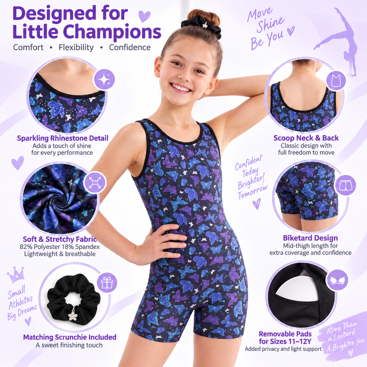 Charmo Girls Sleeveless Gymnastics Biketard Leotard with Rhinestone Detail, Stretch Athletic Unitard for Dance, Ballet, Tumbling and Training 5-12Years