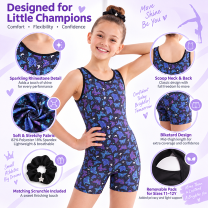 Charmo Girls Sleeveless Gymnastics Biketard Leotard with Rhinestone Detail, Stretch Athletic Unitard for Dance, Ballet, Tumbling and Training 5-12Years