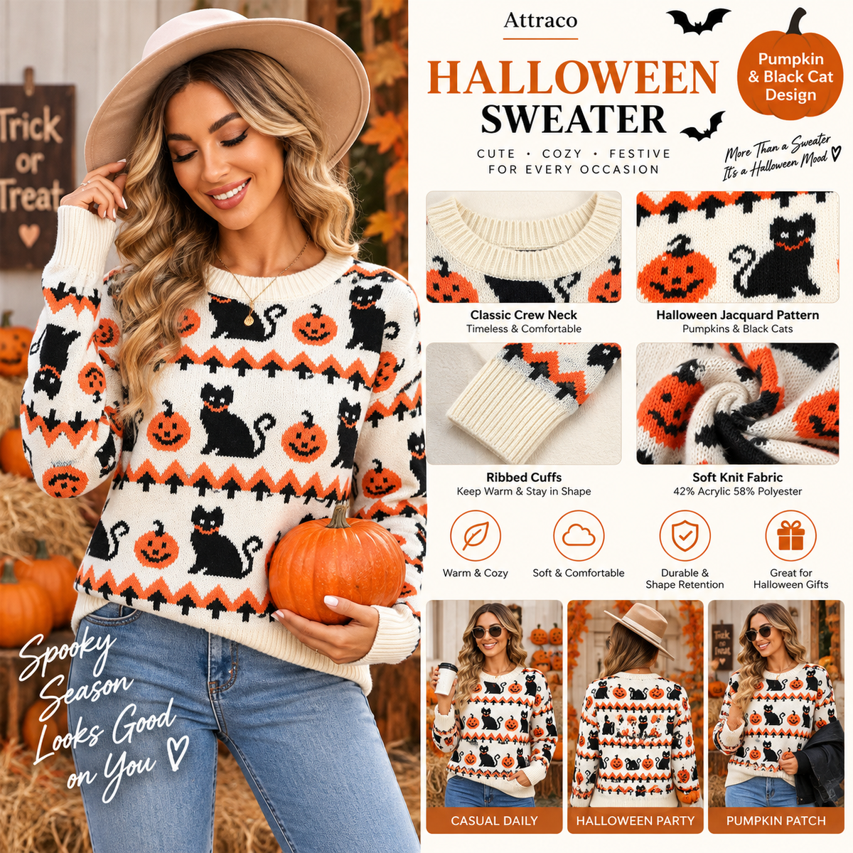 Attraco Women's Halloween Pumpkin & Black Cat Jacquard Sweater Cozy Crewneck Long Sleeve Knit Pullover Fall Winter Casual Holiday Top