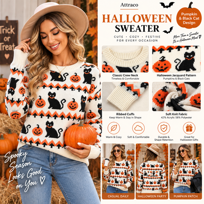 Attraco Women's Halloween Pumpkin & Black Cat Jacquard Sweater Cozy Crewneck Long Sleeve Knit Pullover Fall Winter Casual Holiday Top