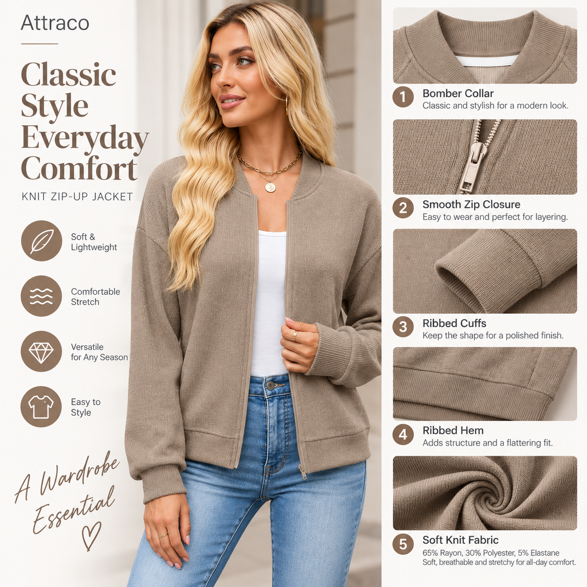 Attraco Women's Zip-Up Lightweight Sweatshirt Jacket Relaxed Fit Bomber Pullover with Pockets