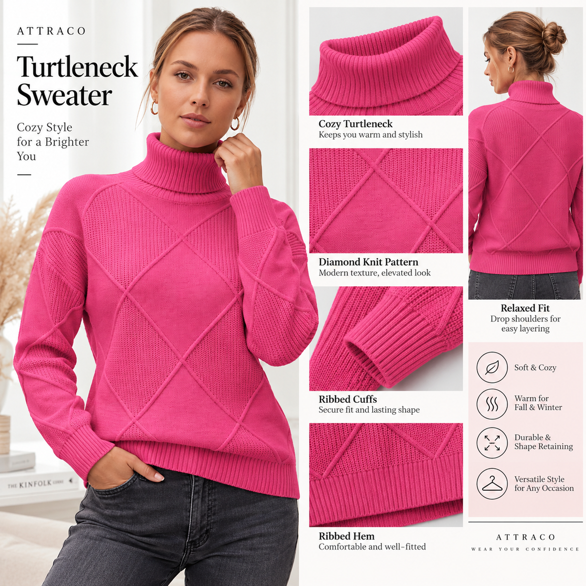 Attraco Women's Turtleneck Diamond Knit Sweater Long Sleeve Ribbed Pullover Cozy Winter Sweater
