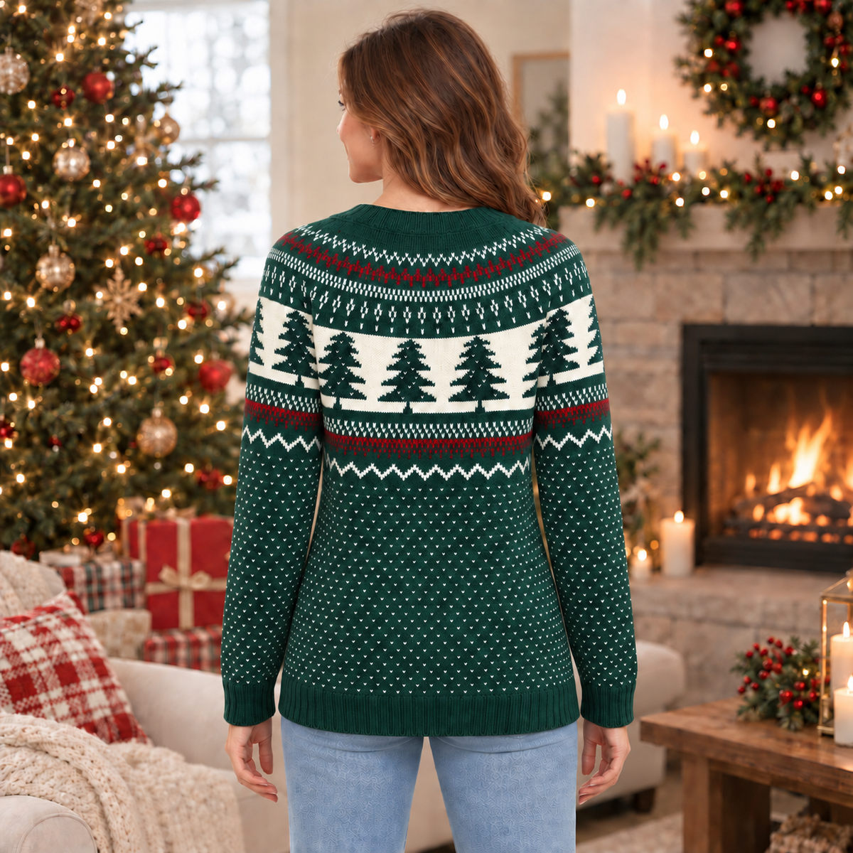Attraco Women's Christmas Tree Fair Isle Sweater Long Sleeve Crewneck Knit Pullover Ugly Christmas Sweater Holiday Party Top