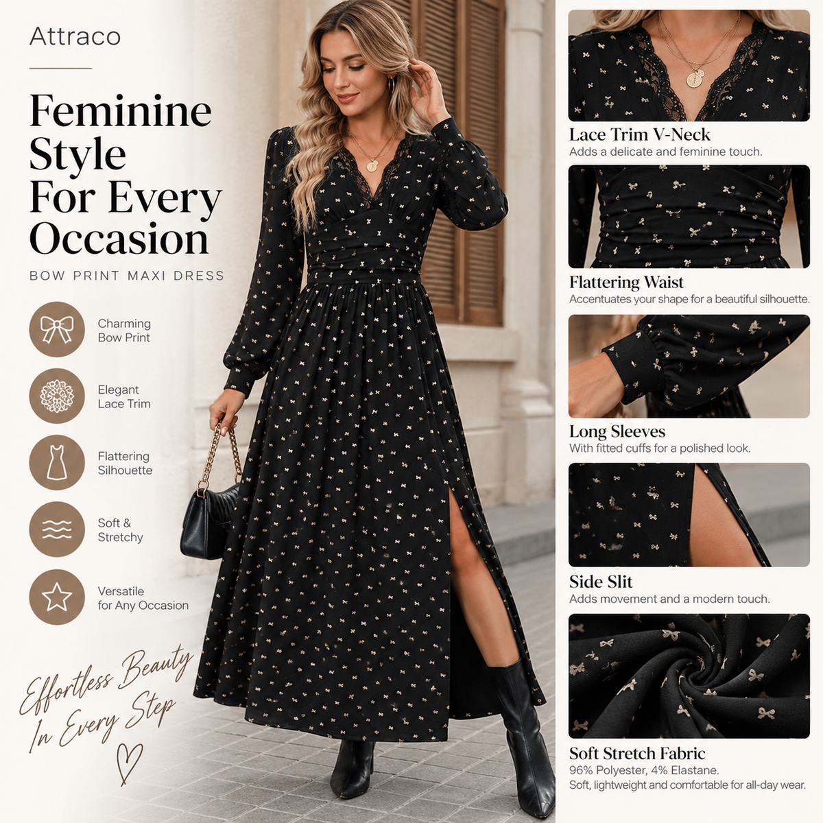 Attraco Women Lace Trim V Neck Allover Bow Print Long Sleeve Side Slit Maxi Dress
