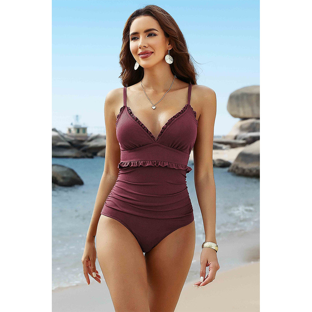 Charmo Women's Ruffle Trim V Neck Ruched Open Back Adjustable Strap One Piece Swimsuit