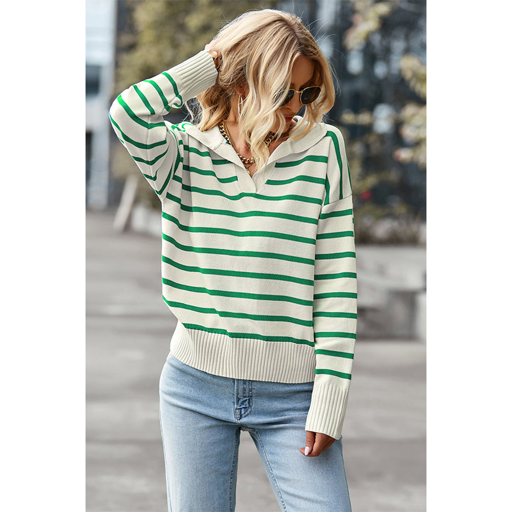 Attraco Women's Striped Collared Long Sleeve Knit Sweater Pullover Tops