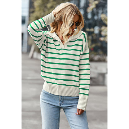 Attraco Women's Striped Collared Long Sleeve Knit Sweater Pullover Tops